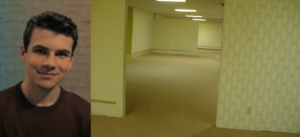 A pair of images, one showing Kane Parsons, a young man. The other showing the original Backrooms image of a hall with its musty old carpet and aging wallpaper.